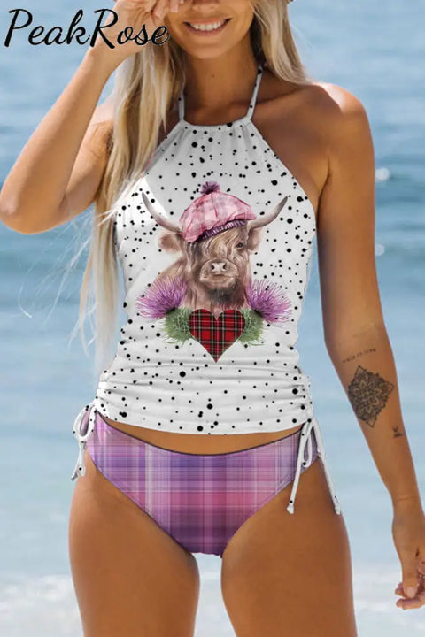 Plaid Highland Cow Bikini Swimsuit S / Polka