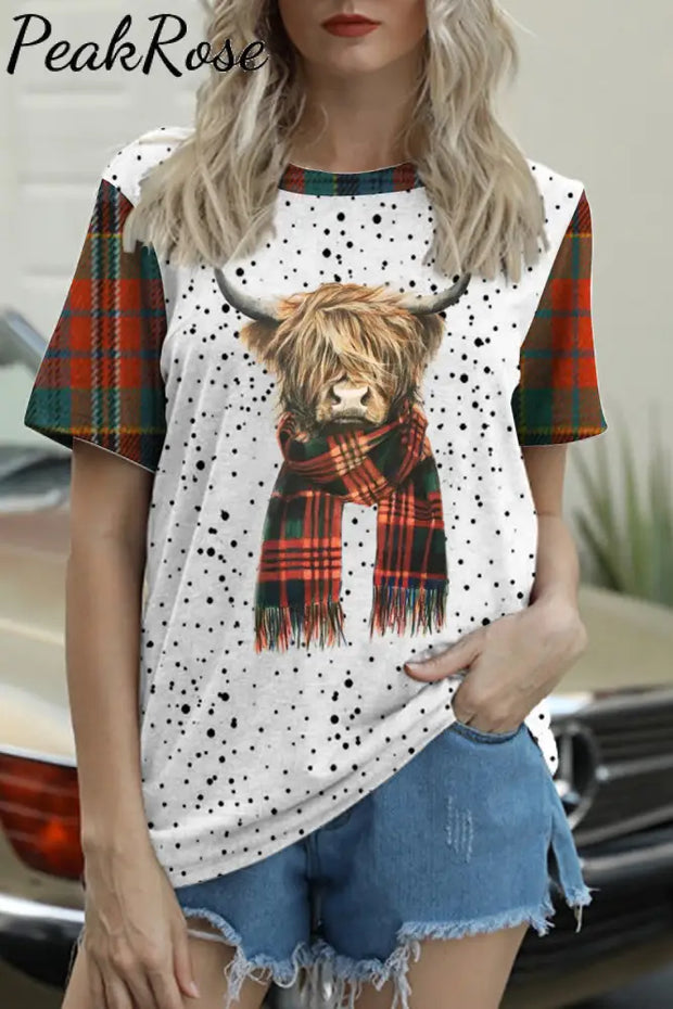 Plaid Highland Cow Bleached T-Shirt T-Shirt