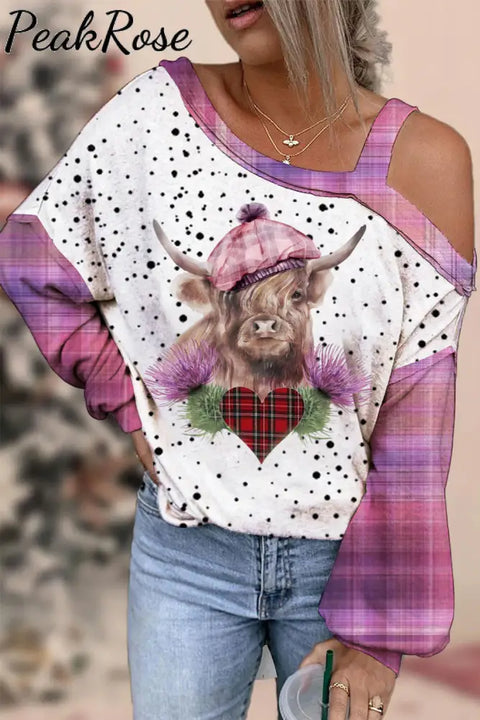 Plaid Highland Cow Off-Shoulder Blouse