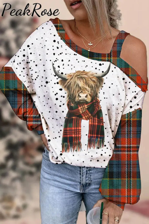 Plaid Highland Cow Off-Shoulder Blouse S / Polka