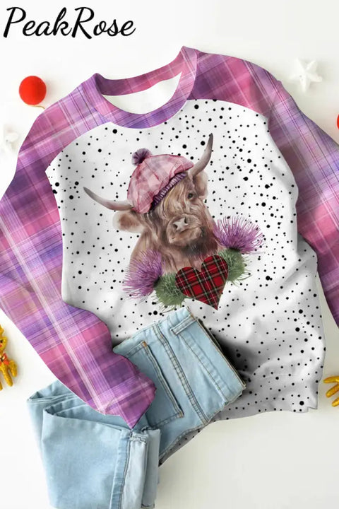 Plaid Highland Cow Print Sweatshirt