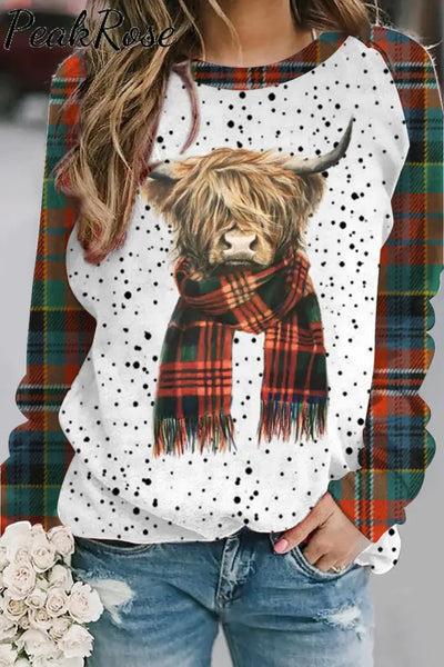 Plaid Highland Cow Print Sweatshirt S / Polka