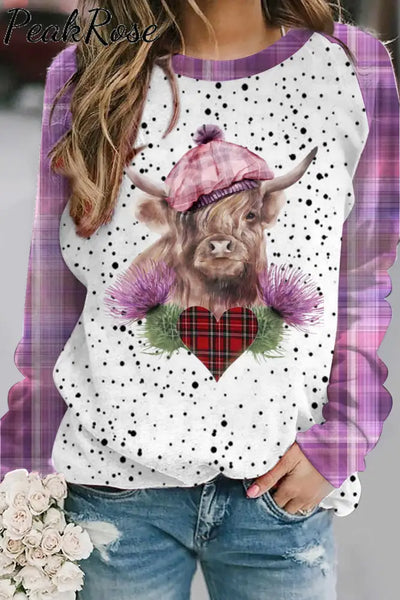 Plaid Highland Cow Print Sweatshirt S / Purple