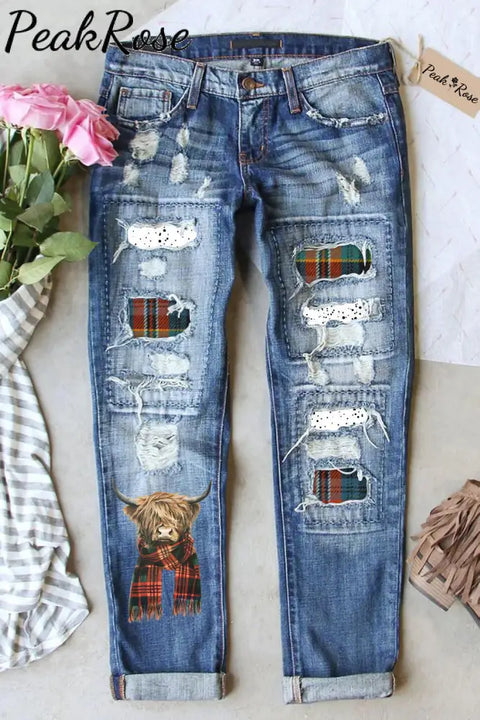 Plaid Highland Cow Ripped Denim Jeans