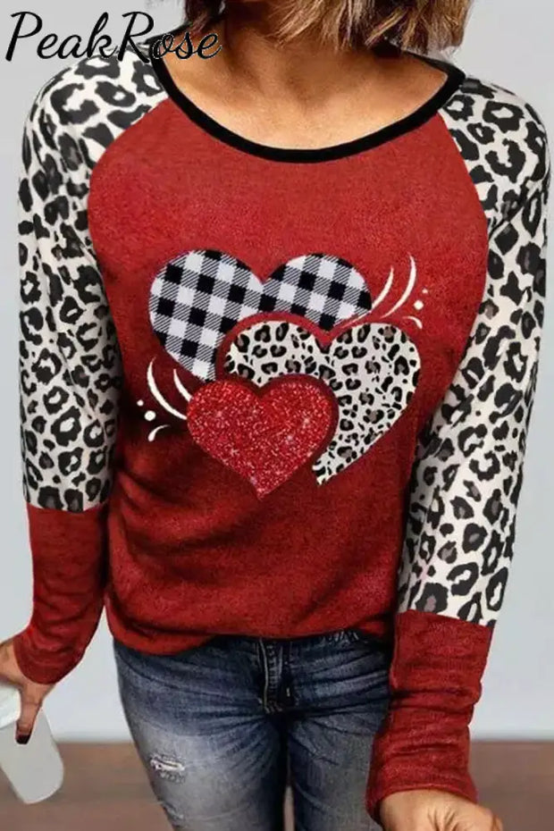 Plaid Leopard Heart Round Neck Sweatshirt