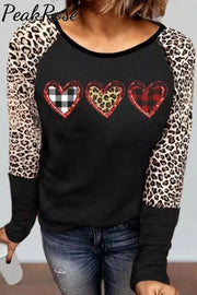 Plaid Leopard Heart Round Neck Sweatshirt