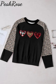 Plaid Leopard Heart Round Neck Sweatshirt