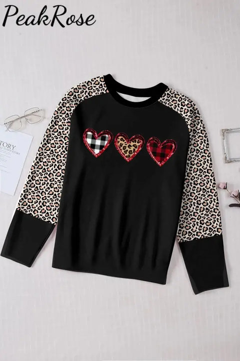 Plaid Leopard Heart Round Neck Sweatshirt