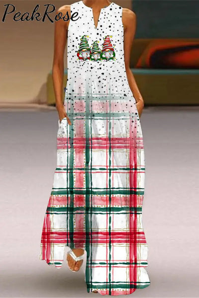 Plaid Spotted Gradient Elf Print Sleeveless Maxi Dress S / Photo Color