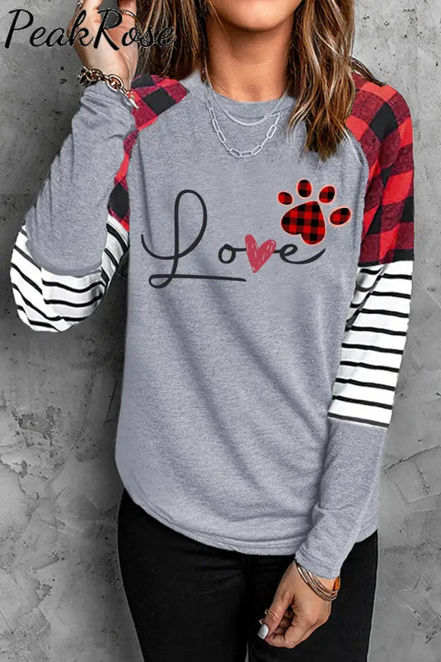 Plaid & Stripes Love Heart Footprints Graphic Sweatshirt