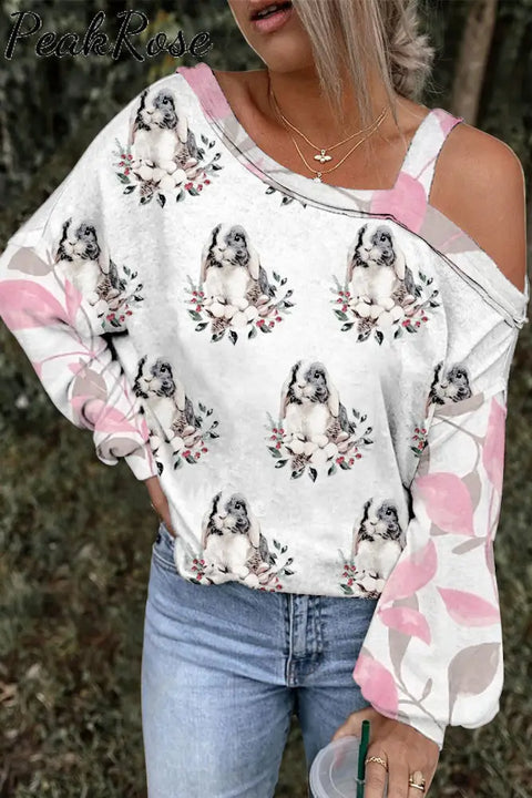 Plant Flowers & Leaves Cute Rabbit Full Print Off-Shoulder Blouse