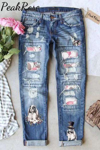 Plant Flowers & Leaves Cute Rabbit Full Print Ripped Denim Jeans