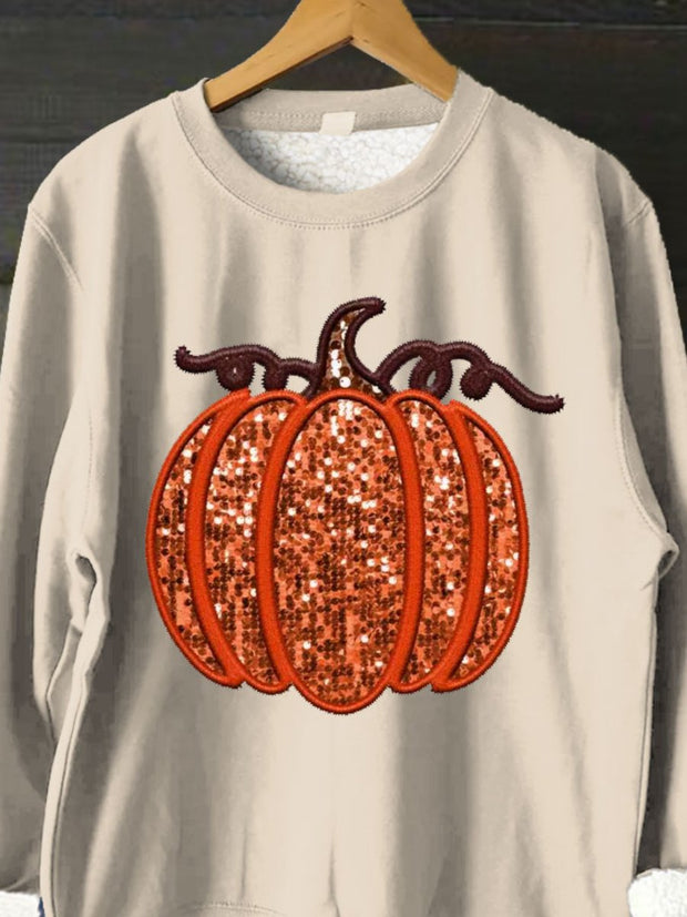 Sparkling Glitter Pumpkin Art Print Cozy Warm Freezing Fluff/Granular Fleece Fabric Plush Sweatshirt