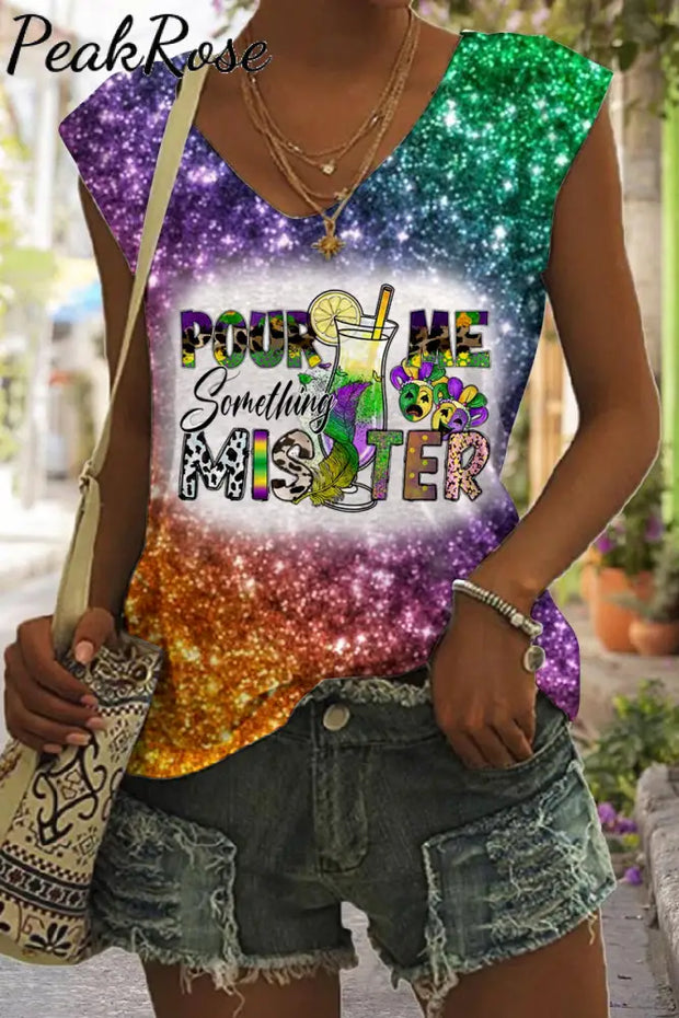 Pour Me Something Mister Mardi Gras Glitter Multicolor Printed Tank Top S / V-Neck