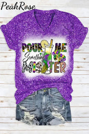 Pour Me Something Mister Mardi Gras Glitter Print V Neck Short Sleeve T-Shirt Purple / S