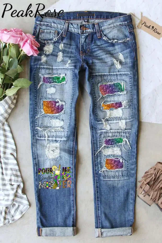 Pour Me Something Mister Mardi Gras Polka Dots Print Denim Jeans Printed / S