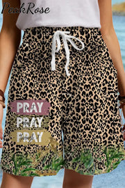 Pray On It Over Through Leopard Drawstring Waist Casual Shorts