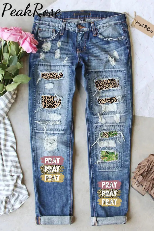 Pray On It Over Through Leopard Ripped Denim Jeans