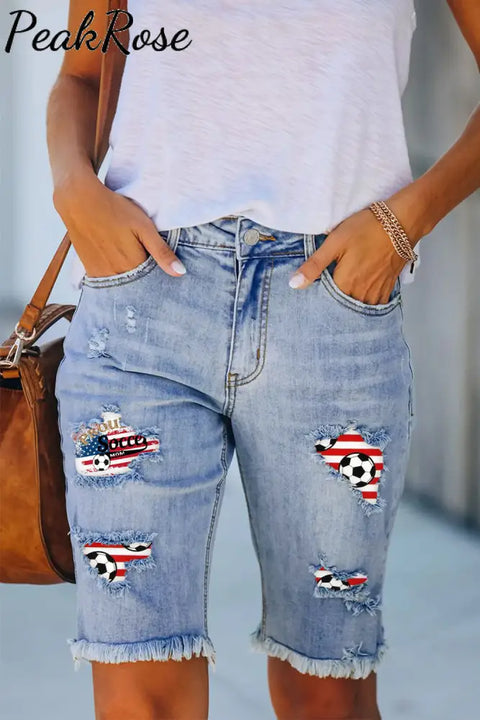 Proud Soccer Mom Print Denim Shorts Bermuda