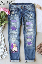 Purple Christmas Santa Believe Print Denim Jeans