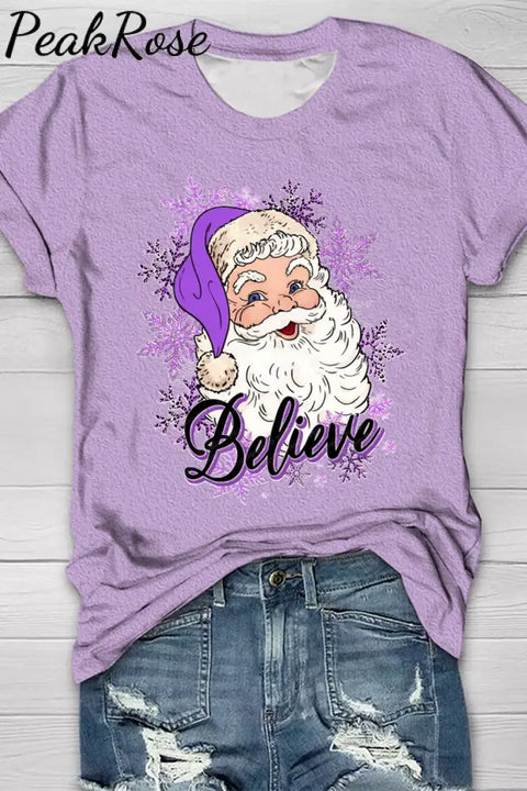 Purple Christmas Santa Believe Print T-Shirt T-Shirt