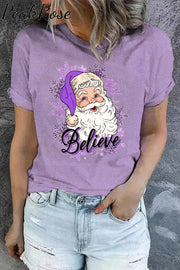 Purple Christmas Santa Believe Print T-Shirt / S T-Shirt