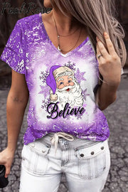 Purple Christmas Santa Believe Print V-Neck T-Shirt T-Shirt