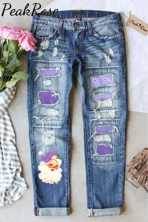 Purple Christmas Santa Print Denim Jeans