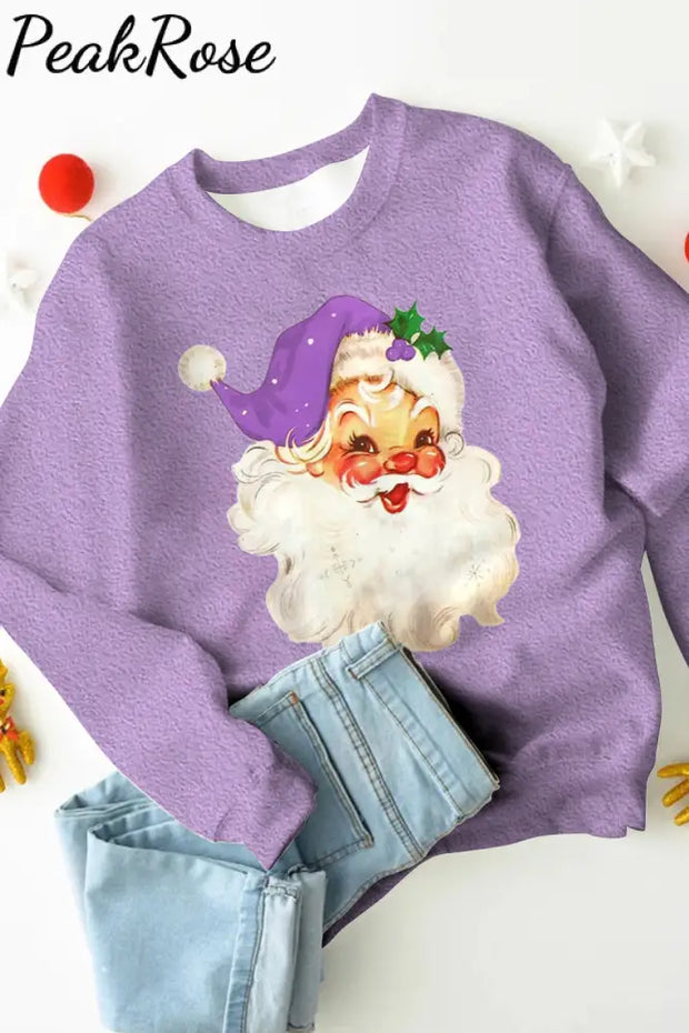 Purple Christmas Santa Print Sweatshirt