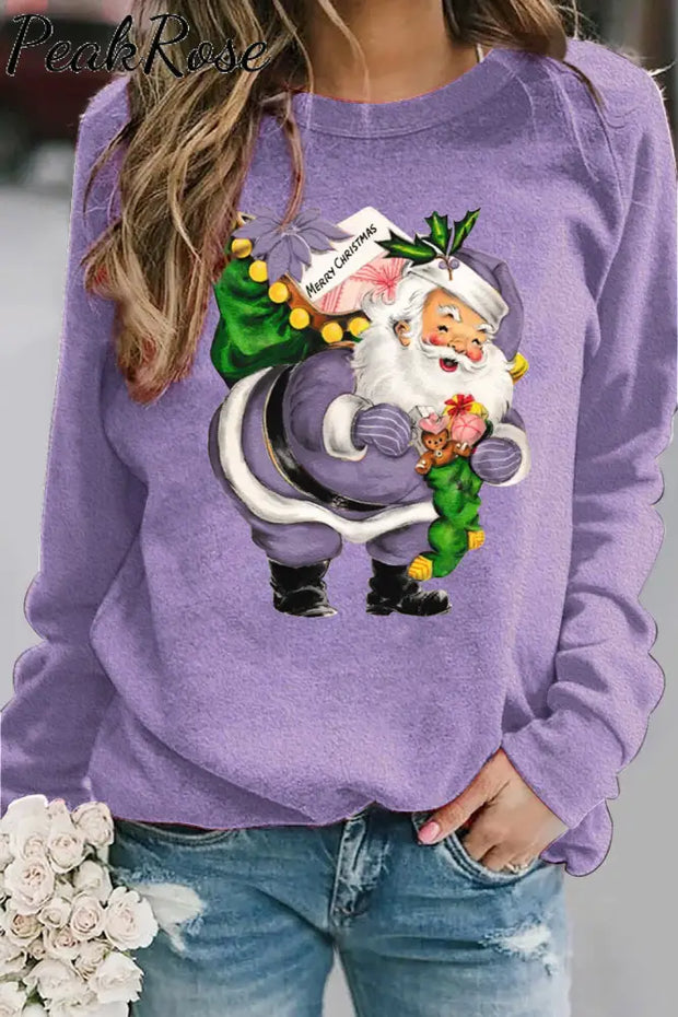 Purple Christmas Santa Print Sweatshirt S / Photo Color