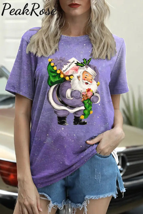 Purple Christmas Santa Print T-Shirt / S T-Shirt