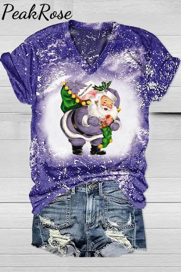 Purple Christmas Santa Print V-Neck T-Shirt T-Shirt