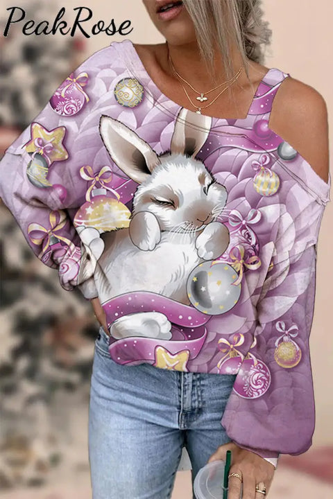 Purple Floating Ribbon Egg Cute Cartoon Rabbit Off Shoulder Blouse S /