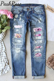 Purple Floating Ribbon Egg Cute Cartoon Rabbit Ripped Denim Jeans