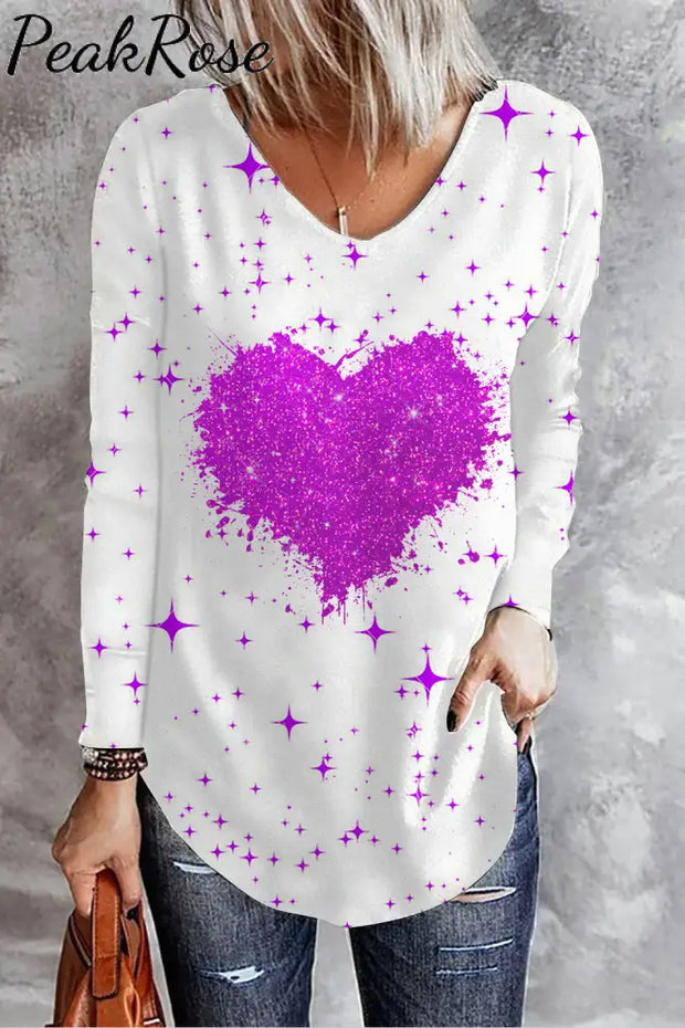 Purple Glitter Heart V Neck Long Sleeve T-Shirt T-Shirt