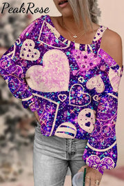 Purple Glitter Love Heart Off-Shoulder Blouse