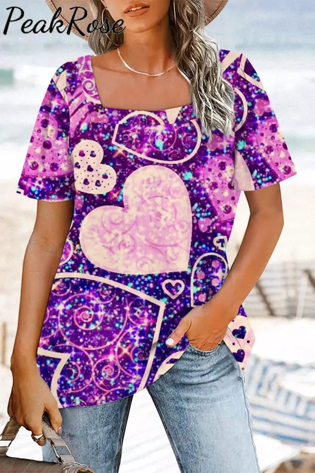 Purple Glitter Love Heart Square Neck T-Shirt T-Shirt