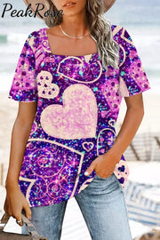 Purple Glitter Love Heart Square Neck T-Shirt S / T-Shirt