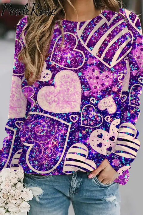 Purple Glitter Love Heart Sweatshirt S /