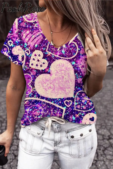 Purple Glitter Love Heart V-Neck T-Shirt T-Shirt