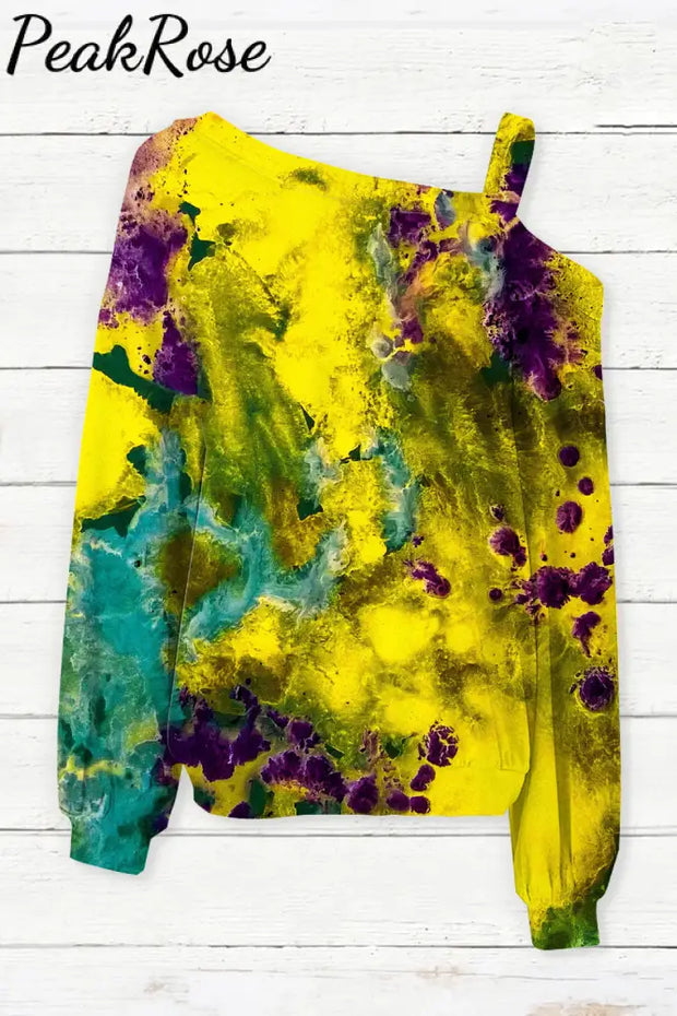 Purple Green Yellow Gradient Tie-Dye Print Vintage Off-Shoulder Blouse