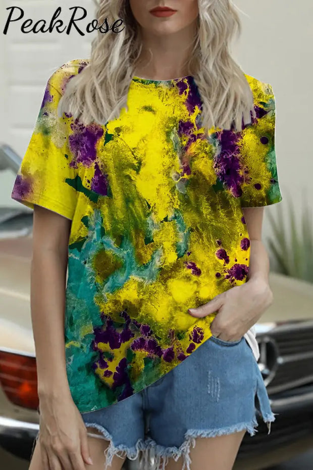 Purple Green Yellow Gradient Tie-Dye Print Vintage Round Neck Short Sleeve T-Shirt