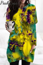 Purple Green Yellow Gradient Tie-Dye Print Vintage Tunic With Pockets