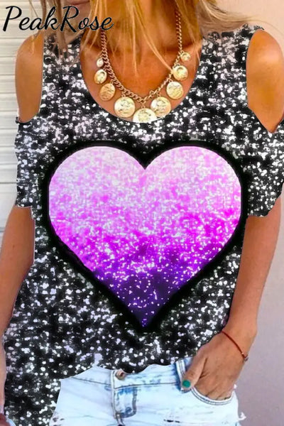 Purple Heart Rainbow Print Cold Shoulder Tank Top S / Photo Color T-Shirt