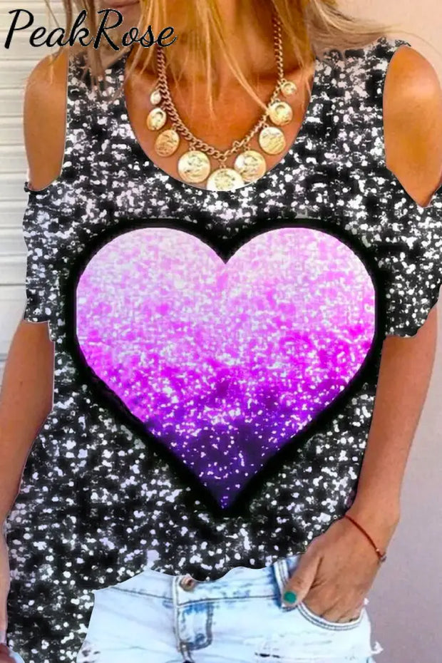 Purple Heart Rainbow Print Cold Shoulder Tank Top T-Shirt