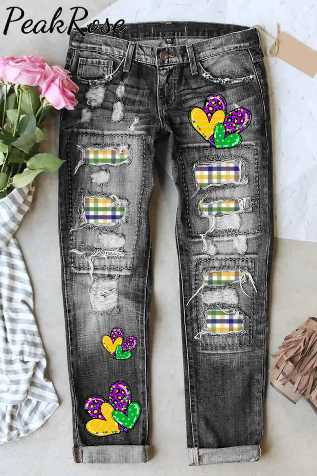 Purple Leopard Plaid Mardi Gras Love Jeans