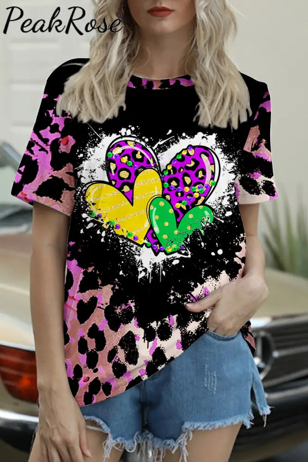 Purple Leopard Plaid Mardi Gras Love Round Neck Short Sleeve T-Shirt