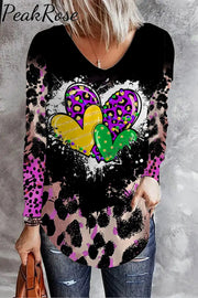 Purple Leopard Plaid Mardi Gras Love V Neck Long Sleeve T-Shirt T-Shirt