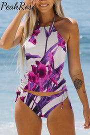 Purple Orchid Floral-Print Halter Swimsuit