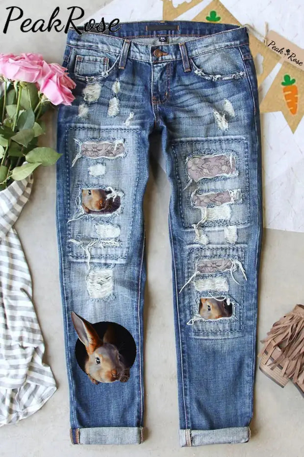 Purple Vintage Flowers Easter 3D Cute Bunny Printed Ripped Denim Jeans S